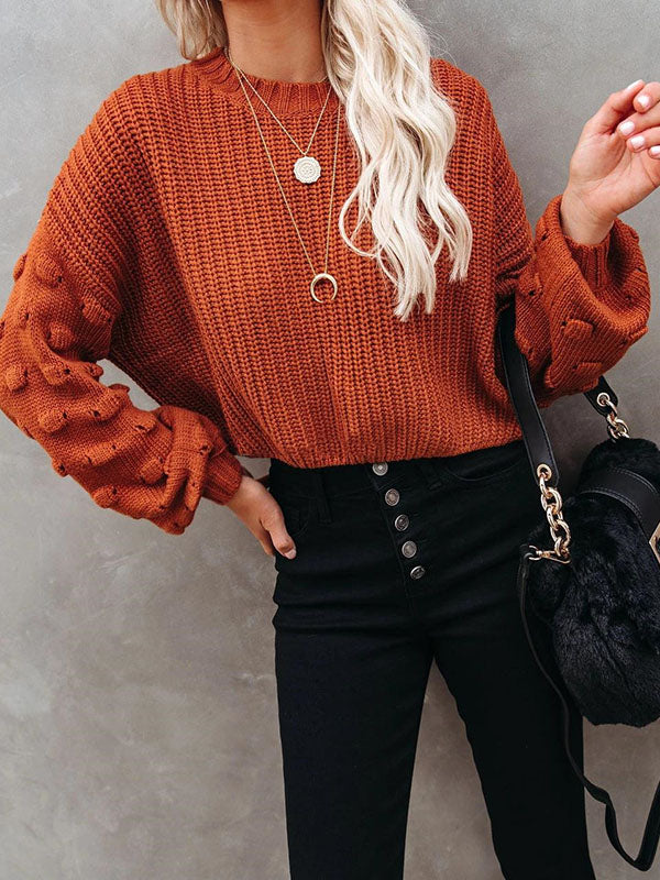 flowersverse Trendy Tops Puff Sleeves Loose Solid Color Round-Neck Sweater Tops