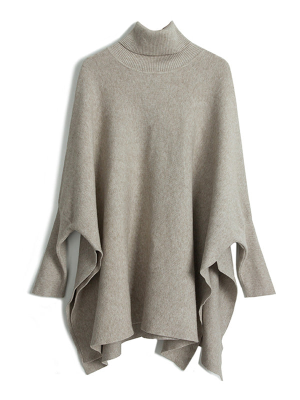 flowersverse Simple Loose Solid Color High-Neck Batwing Sleeves Sweater