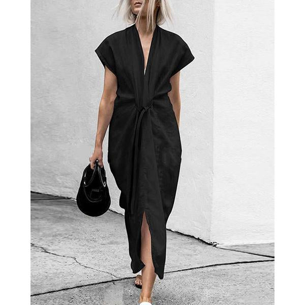 flowersverse Solid V-Neck Split with Belt Plus Size Dress White Dresses