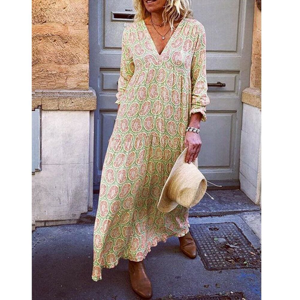 flowersverse Fashion Women Boho Deep V Neck Floral Long Maxi Dress Tunic Beach Kaftan Holiday Club Casual Loose Dresses Sundress