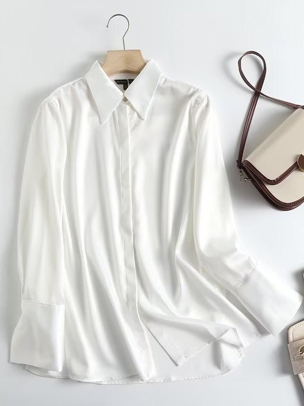 flowersverse Casual Loose Long Sleeves Buttoned Solid Color Lapel Collar Blouses&Shirts Tops