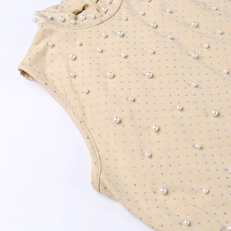 flowersverse Half-High Collar Mesh Beaded Slim Sexy Bodycon Dress