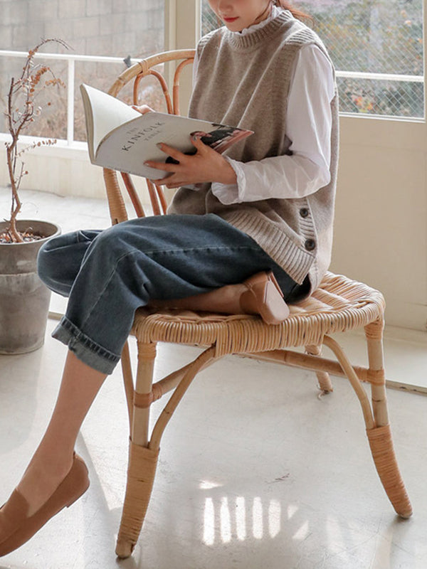 flowersverse Simple Sleeveless Loose Buttoned Solid Color Round-Neck Sweater Vest Outerwear