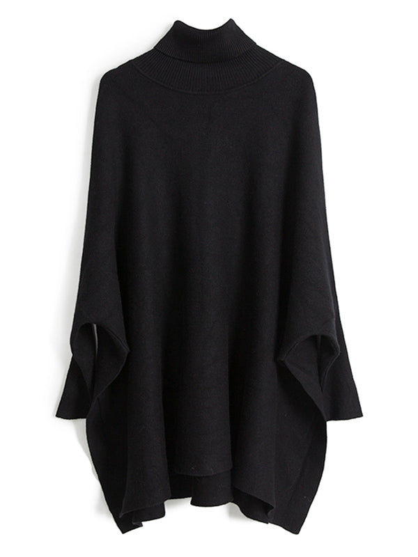 flowersverse Simple Loose Solid Color High-Neck Batwing Sleeves Sweater