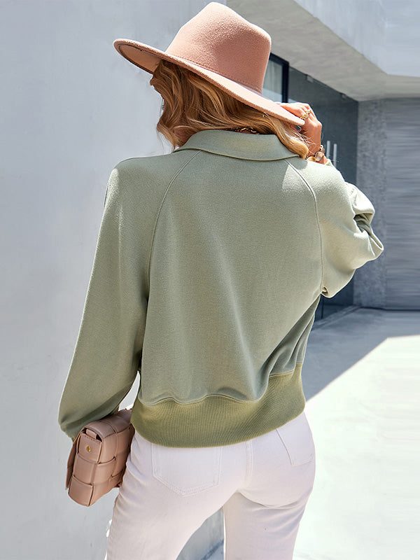 flowersverse Simple Long Sleeves Loose Buttoned Solid Color Lapel Collar Hoodies&Sweatshirt Tops