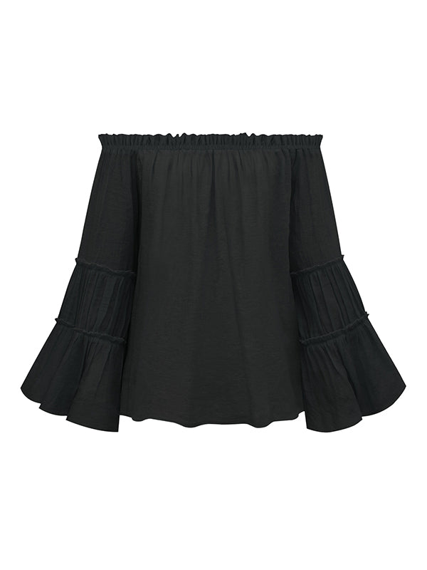 flowersverse Urban Solid Color Pleated Puff Sleeves Off-The-Shoulder Blouse