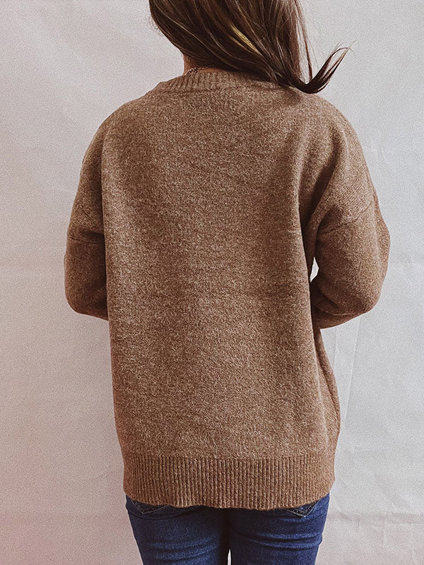 flowersverse Casual Loose Long Sleeves Solid Color Round-Neck Sweater Tops