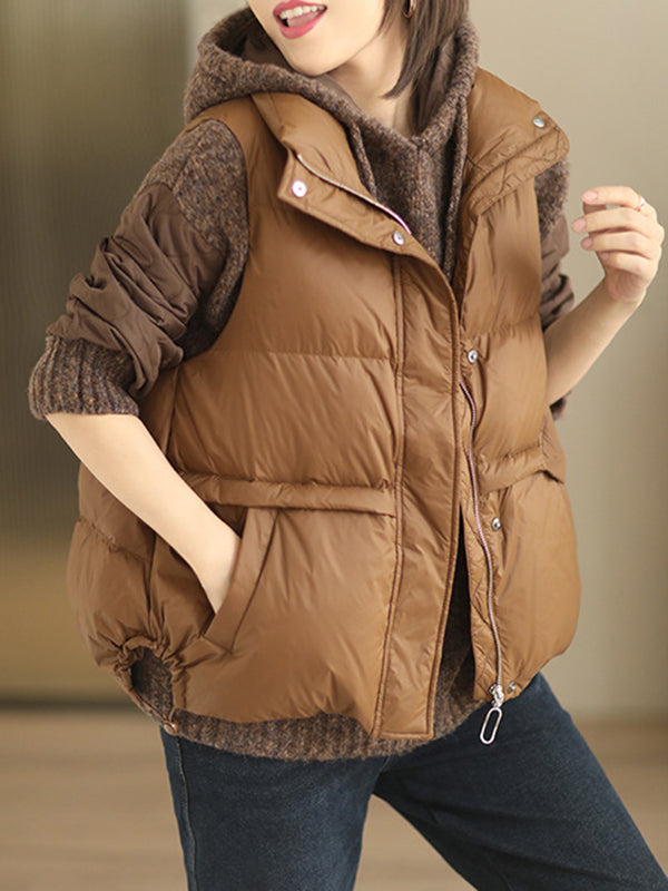 flowersverse Original Creation Loose Sleeveless Solid Color Zipper High-Neck Vest Outerwear