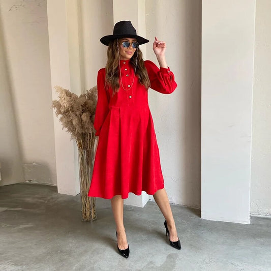 flowersverse Fashionkova Casual O-Neck Button Folds Midi Dress Autumn Lantern Sleeve Corduroy Loose Office Lady A-Line Dresses For Women