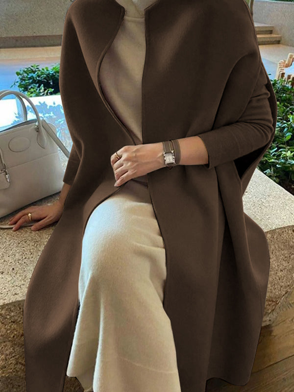 flowersverse Solid Color Split-Joint Batwing Sleeves Loose Round-Neck Woolen Coat Outerwear Cape