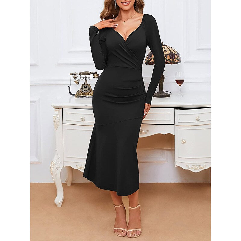 flowersverse Women's Semi Formal Party Dress Cocktail Dress Black Dress Midi Dress Black Pink Wine Long Sleeve Pure Color Backless Winter Autumn Deep V Stylish Winter Dress Fall Dress S M L XL 2XL