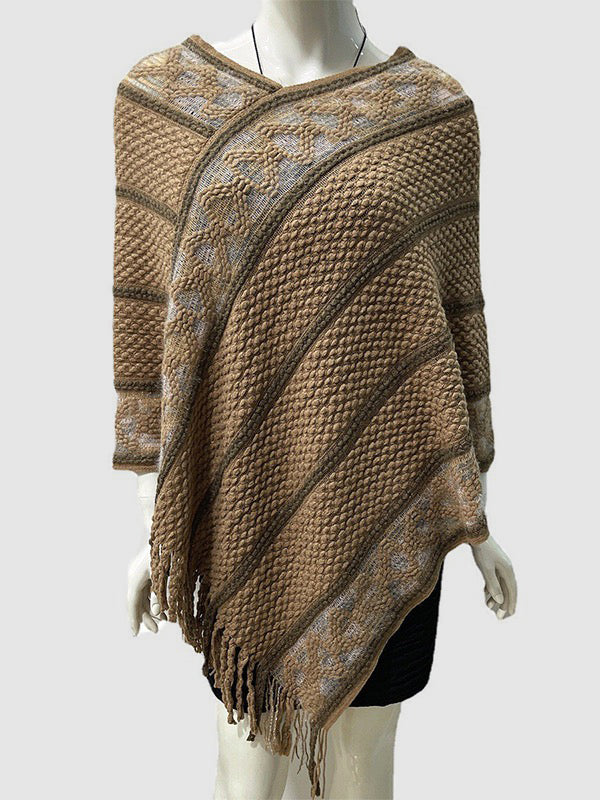 flowersverse Asymmetric Tasseled Loose V-Neck Shawl&Cloak Cape