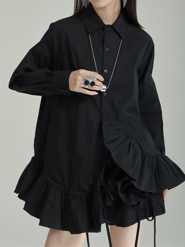 flowersverse Asymmetric Solid Color Cropped Long Sleeves Lapel Blouses&shirts Tops