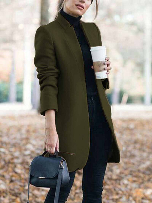 flowersverse Long Sleeves Solid Color Split-Joint Stand Collar Outerwear Woolen Coat