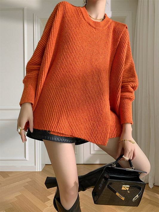 flowersverse Irregularity Loose Solid Color Batwing Sleeves Round-Neck Sweater Tops