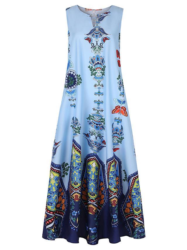 flowersverse Women's A-Line Dress Maxi Long Dress - Sleeveless Pocket Print Spring & Summer V Neck Hot Casual Boho Holiday White Black Blue Yellow Light Blue White Dresses