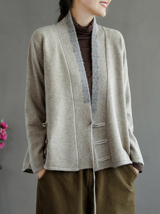 flowersverse Vintage Solid Color Embroidered Wool Blend Cardigan Top