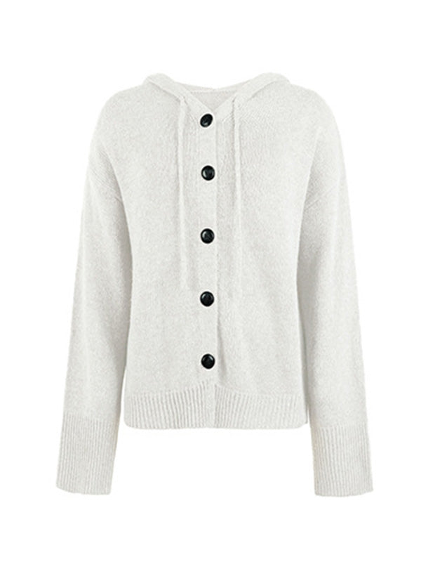 flowersverse Simple Long Sleeves Loose Buttoned Solid Color Hooded Cardigan Coats