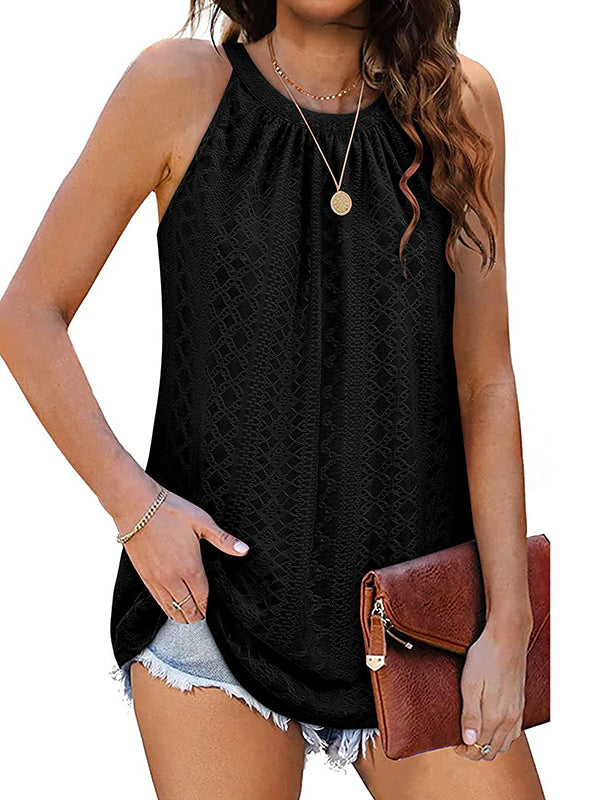 flowersverse Hollow Solid Color Loose Sleeveless Round-Neck Vest Top
