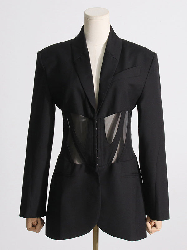 flowersverse Buckle Gauze See-Through Solid Color Split-Joint Long Sleeves Notched Collar Blazer