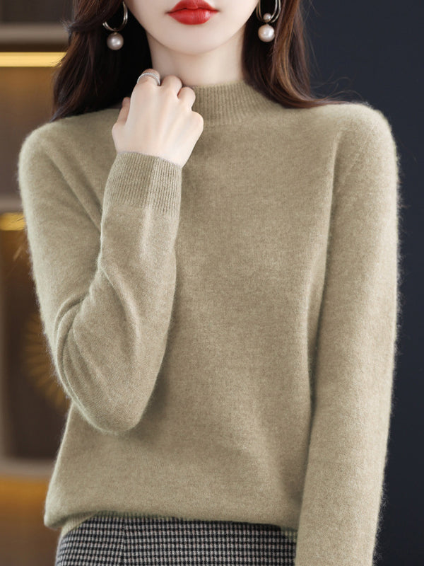 flowersverse Office Long Sleeves Solid Color High-Neck Sweater Tops Pullovers
