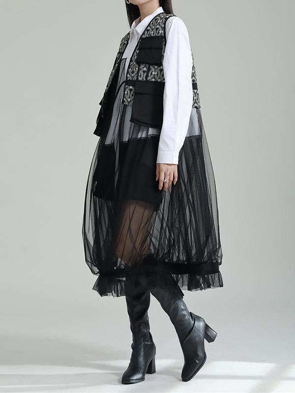 flowersverse Gauze Jacquard Split-Joint Loose V-neck Vest Outerwear