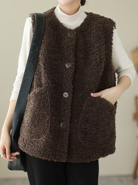 flowersverse Buttoned Pockets Loose Sleeveless Round-Neck Vest Outerwear