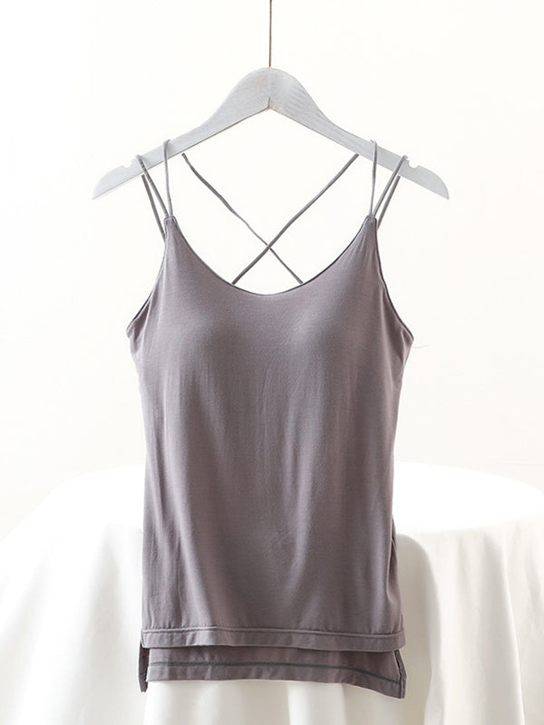 flowersverse Simple Solid Color High-Low Backless Spaghetti-Neck Shirts