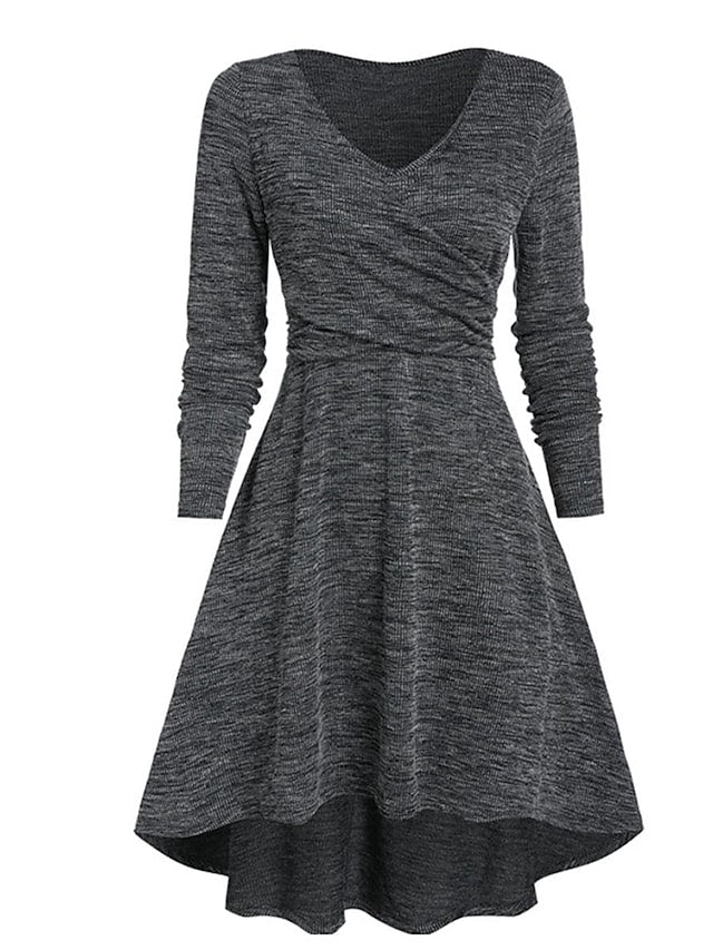 flowersverse Women's Plus Size Casual Dress A Line Dress Solid Color Midi Dress Long Sleeve Ruched V Neck Basic Daily Wine Green Fall Spring L XL XXL 3XL