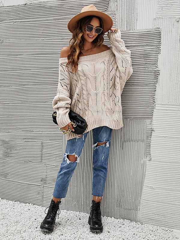 flowersverse Vintage Long Sleeves Loose Solid Color Off-The-Shoulder Sweater Tops