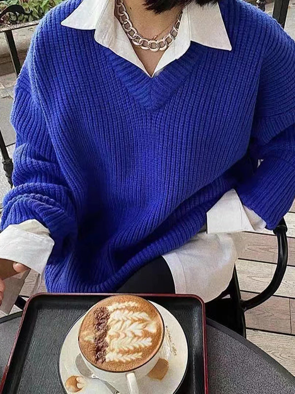 flowersverse Simple Long Sleeves Loose Solid Color V-Neck Sweater Tops