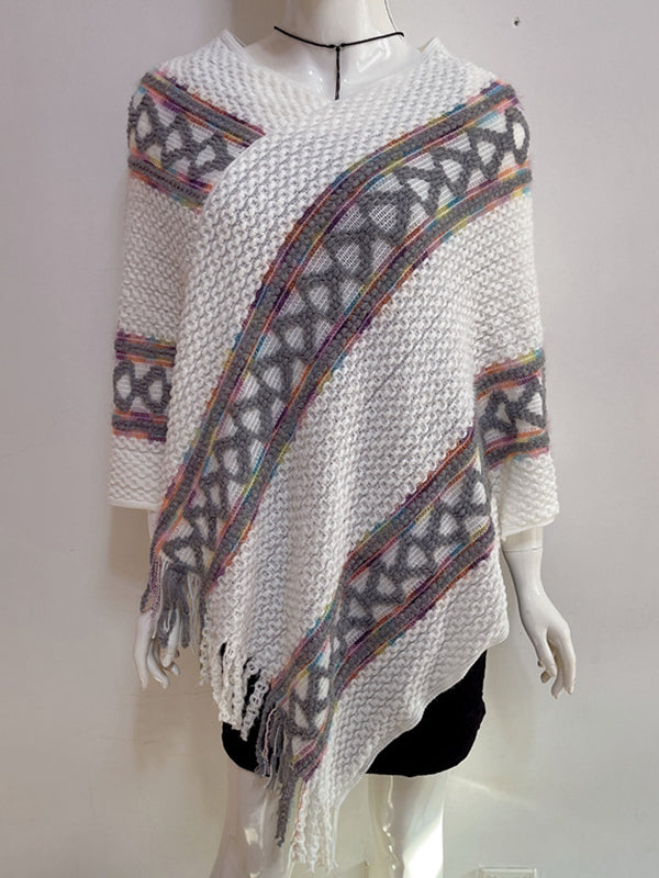 flowersverse Asymmetric Tasseled Loose V-Neck Shawl&Cloak Cape