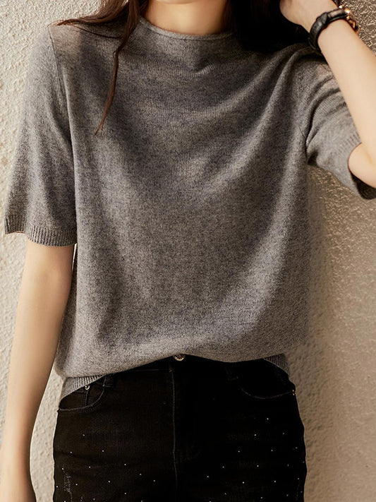flowersverse Simple Solid Color Round-Neck Short Sleeves Sweater