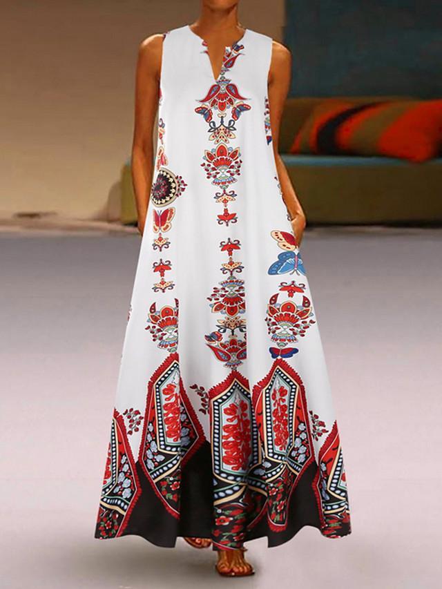 flowersverse Women's A-Line Dress Maxi Long Dress - Sleeveless Pocket Print Spring & Summer V Neck Hot Casual Boho Holiday White Black Blue Yellow Light Blue White Dresses