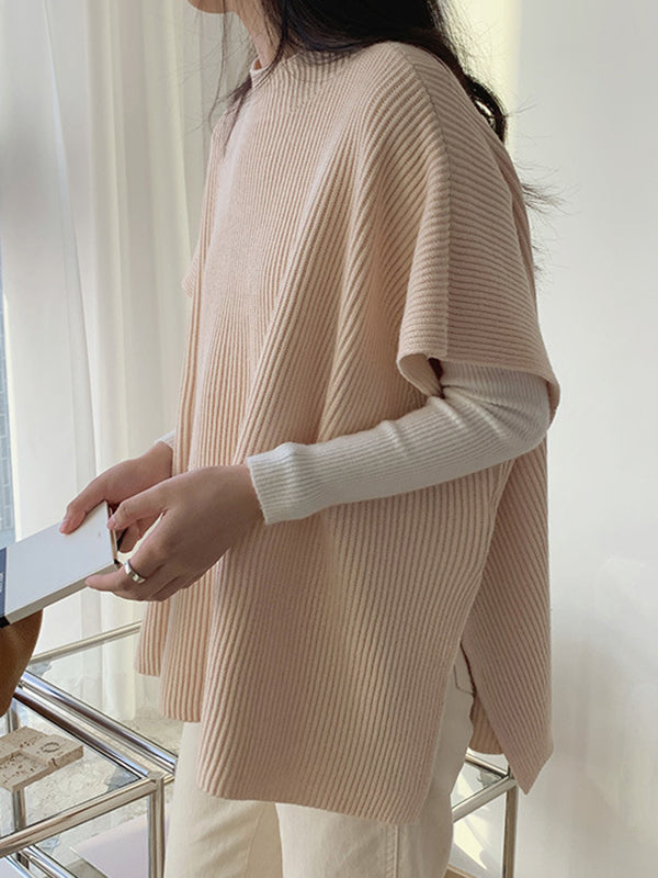 flowersverse Casual Loose Short Sleeves Solid Color Round-Neck Sweater Tops Vest Top