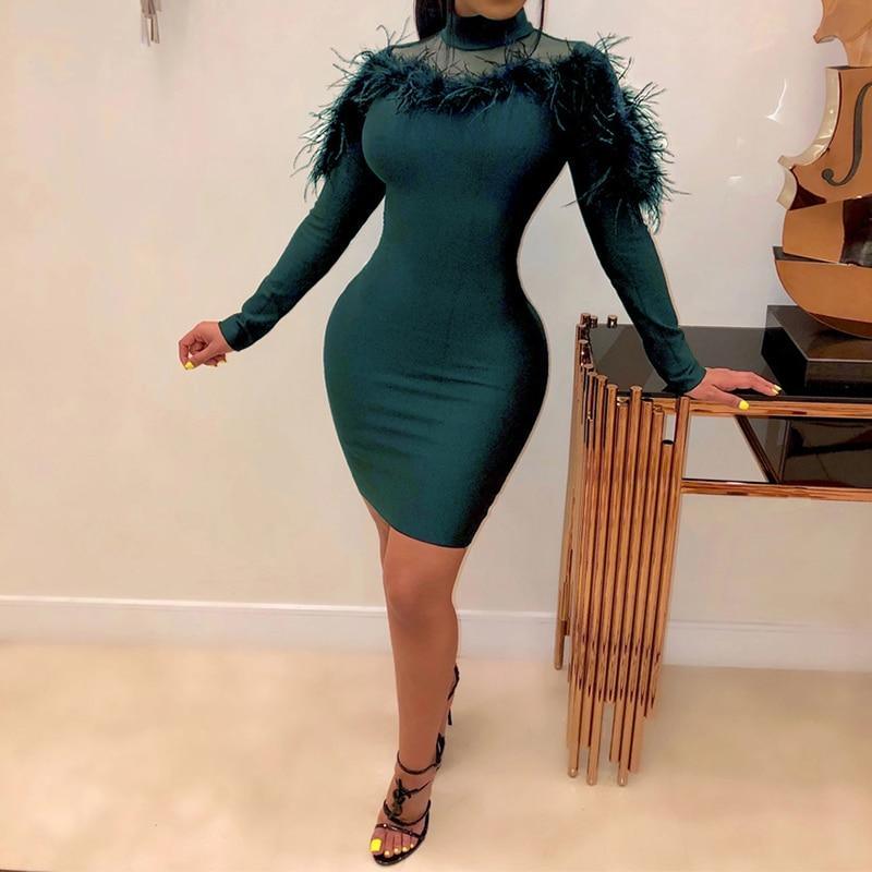 flowersverse women faxu fur long sleeve bodycon dress stretchy mini party dress back zipper solid transparent chocker neck vestidos