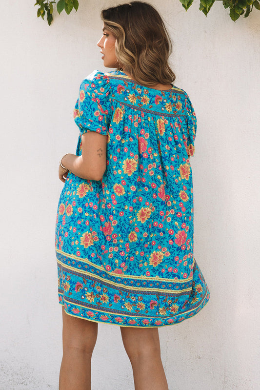 flowersverse Blue Floral Print Empire Waist Flowy Dress