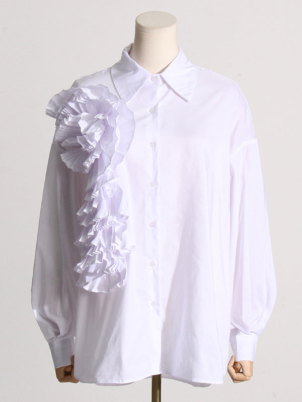 flowersverse Asymmetric Buttoned Pleated Solid Color Split-Joint Three-Dimensional Flower Long Sleeves Loose Lapel Blouses&Shirts Tops