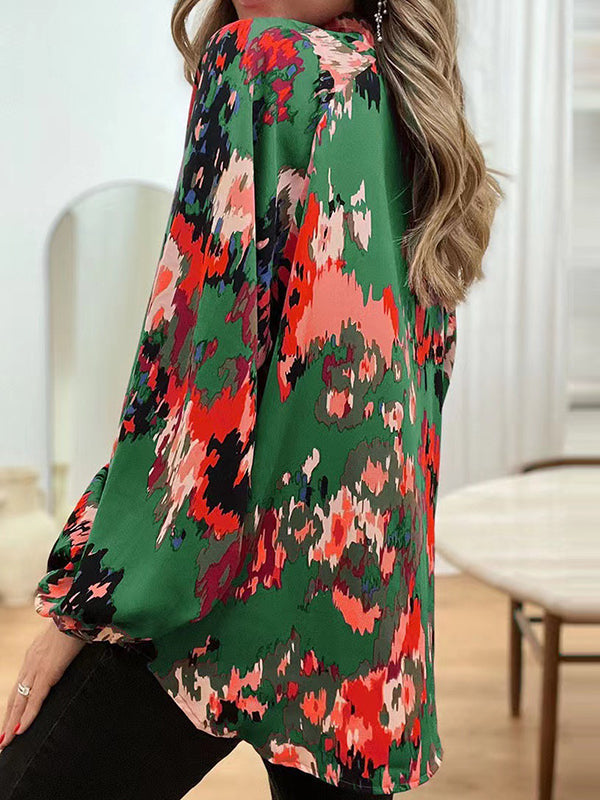 flowersverse Printed Long Sleeves Loose V-Neck Blouses&Shirts Tops