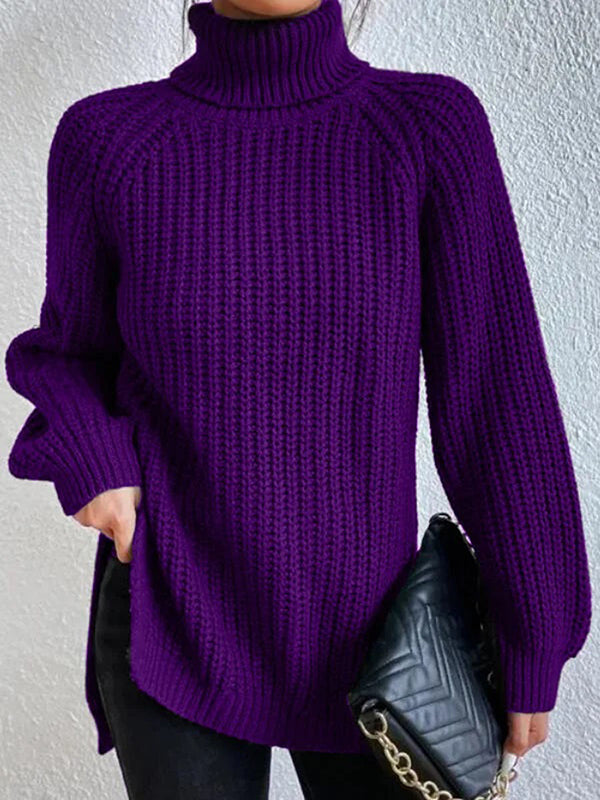 flowersverse Solid Color Split-side Long Sleeves Loose High Neck Sweater Tops Pullovers