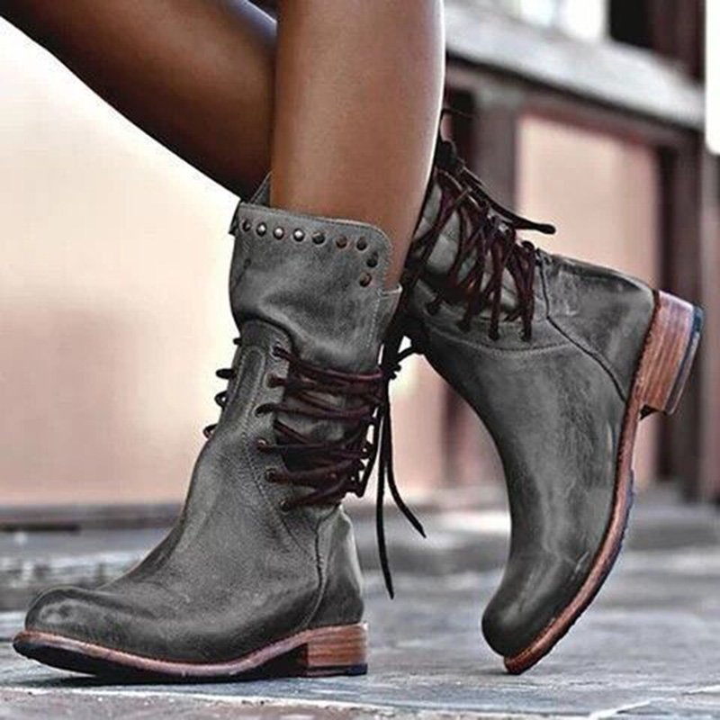 flowersverse zolucky Low Heel Holiday Lace-Up Pu Boots