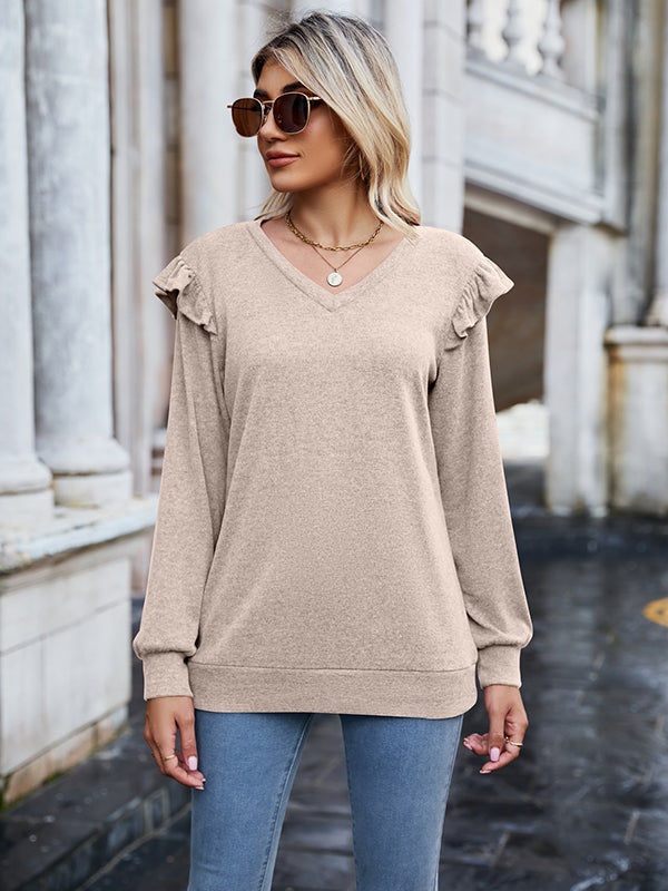 flowersverse Casual Loose Solid Color V-Neck Shirts Top