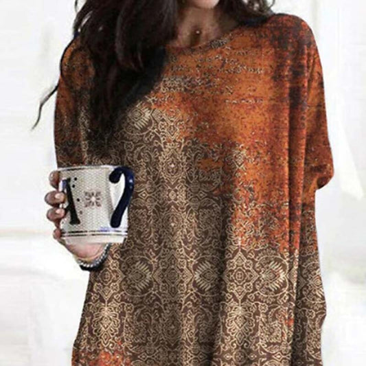 flowersverse Women's Casual Dress Ethnic Dress Mini Dress Orange Long Sleeve Flower Pocket Winter Fall Spring Crew Neck Fashion Daily Vacation Spring Dress Loose Fit S M L XL XXL 3XL
