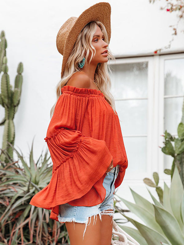 flowersverse Urban Solid Color Pleated Puff Sleeves Off-The-Shoulder Blouse
