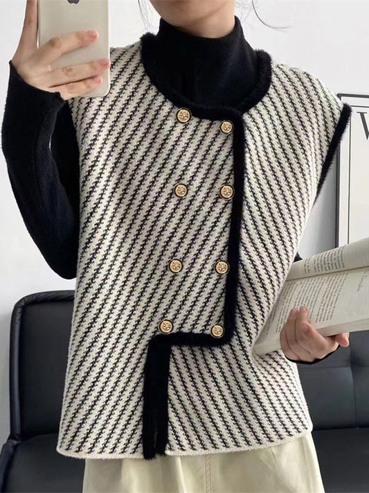 flowersverse Original Creation Sleeveless Loose Buttoned Striped Round-Neck Vest Outerwear