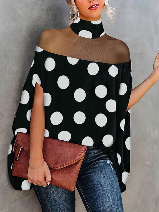 flowersverse Trendy Batwing Sleeves Polka-Dot See-Through High-Neck Blouses&Shirts Tops