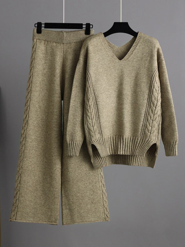 flowersverse Urban Loose Solid Color V-Neck Sweater Tops& Wide Leg Pants Suits