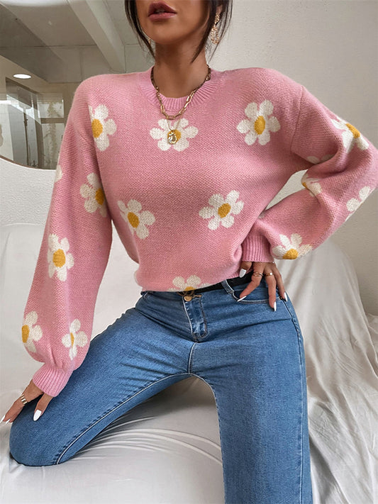 flowersverse Contrast Color Floral Printed Split-Joint Long Sleeves Loose Round-Neck Sweater Tops