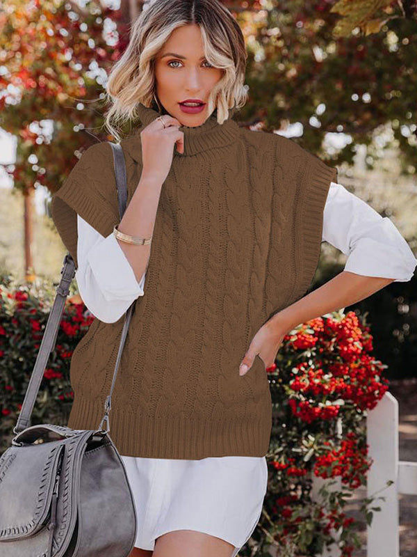 flowersverse Casual Loose Short Sleeves Jacquard Solid Color High-Neck Sweater Tops Vest Outerwear
