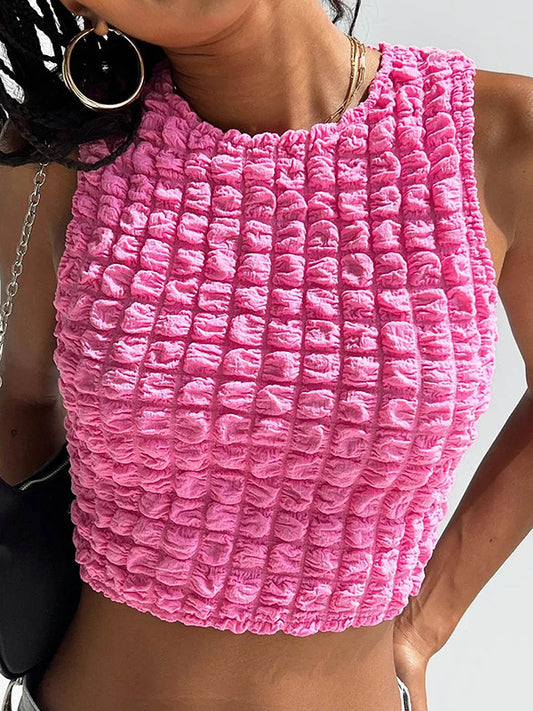 flowersverse Pleated Solid Color Skinny Sleeveless Round-Neck Vest Top